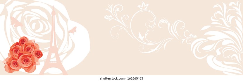 Decorative background with red roses and Eiffel tower. Vector