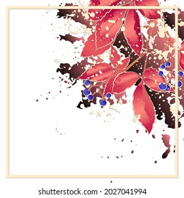 Decorative background with red virginia creeper (Parthenocissus quinquefolia) leaves. Card template design. Vector illustration.
