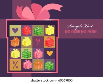 Decorative background with ribbon, bow and presents.