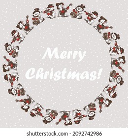 Decorative  background with round border from cheerful christmas snowmen musicians