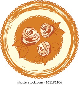 Decorative background with round image with roses, circular plates with roses, painted with roses.