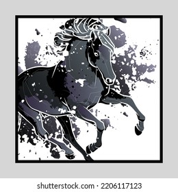 Decorative background with running black horse. Card template design. Vector illustration.