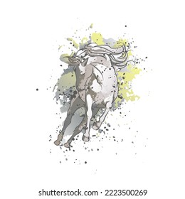 Decorative background with running horse and splashes. Card template design. Vector illustration.