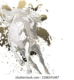 Decorative background with running white horse. Card template design. Vector illustration.