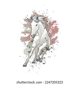 Decorative background with running white horse and splashes. Card template design. Vector illustration.