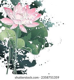 Decorative background with sacred lotus flower. Card template design. Vector illustration.