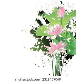 Decorative background with sacred lotus flowers (Nelumbo nucifera). Card template design. Vector illustration.