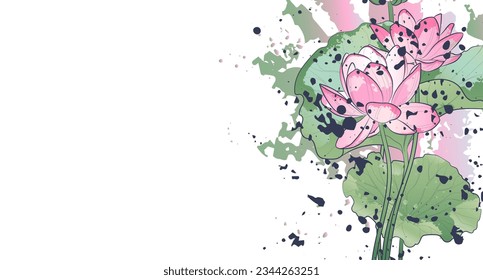 Decorative background with sacred lotus flowers (Nelumbo nucifera). Card template design. Vector illustration.