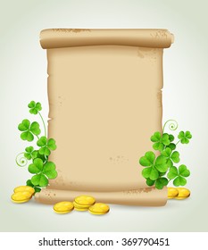 Decorative background with scroll, clover leaves and golden coins for St. Patrick's Day