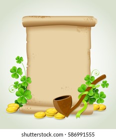 Decorative background with scroll, clover leaves and tobacco pipe for St. Patrick's Day
