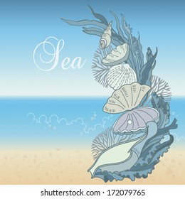 Decorative background with sea shells.  Illustration for greeting cards, invitations, and other printing and web projects.