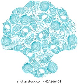 Decorative background in the shape of a seashells from seashells. Vector monochrome illustration
