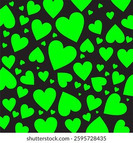Decorative background in the shape of several hearts in fluorescent green and black background, wallpaper, gift wrap, decorative illustration for interiors.