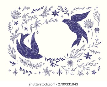 Decorative background showcasing flying birds, beautiful flowers and linear botanical elements on their wings