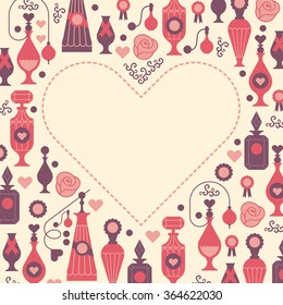 Decorative background with silhouettes of perfume bottles and packages. Banners with blank space for text  in a shape of heart made in gentle colour palette.