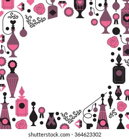 Decorative background with silhouettes of perfume bottles and packages. Banners with blank space for text blank space  in a shape of circle made in gentle colour palette.
