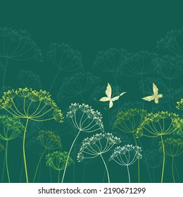 Decorative background with silhouettes umbrella plants and flying butterflies
