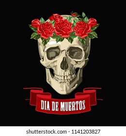 Decorative background with skull and roses, symbol of mexican holiday Day of dead. Vector illustration. 