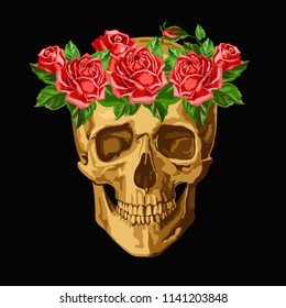 Decorative background with skull and roses, symbol of mexican holiday Day of dead. Vector illustration. 