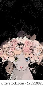 Decorative background with sphynx cat (head) and wreath of flowers. Card template design. Vector illustration.