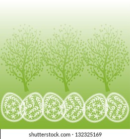 decorative background with spring trees and Easter eggs with white lace.