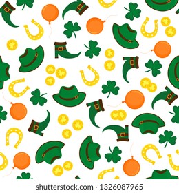 Decorative background to the St. Patrick's Day. Hat, gold coins, horseshoe, clover, shoes