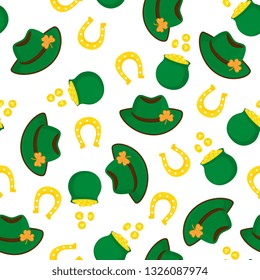 Decorative background to the St. Patrick's Day. Hat, pot of gold coins, horseshoe, clover