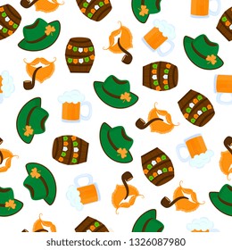 Decorative background to the St. Patrick's Day. Hat, Beer Keg, Smoking Pipe