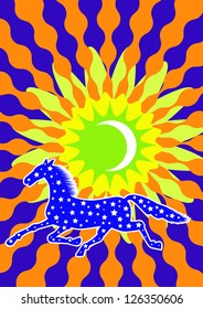 Decorative background with a star silhouette of a running horse, the sun and the moon.