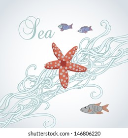 decorative background with starfish and fish