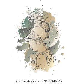 Decorative background with statue of Athena (head) and splashes. Card template design. Vector illustration.