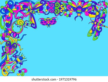 Decorative background with stylized bugs and insects. Mexican ceramic cute naive art.