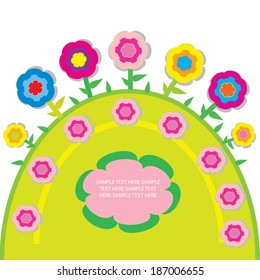 decorative background with stylized flowers on a hill with text
