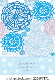 decorative background with stylized graphic flowers with blue snowflakes and text, decorative snowflakes
