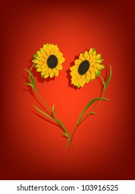Decorative background with sunflowers forming a heart shape. Transparency effect and mesh gradient used.