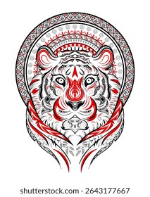 Decorative background with tiger (head). Mezen painting. Vector illustration.