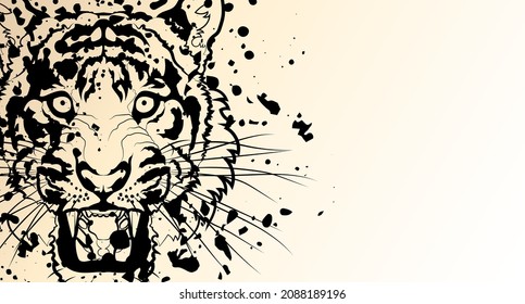 Dekorativer Hintergrund mit Tiger. Tiger Kopf mit offenem Mund. Kartenvorlagendesign. Vektorgrafik.
