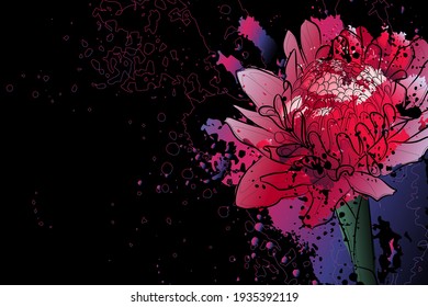 Decorative background with torch ginger flower. Card template design. Vector illustration.