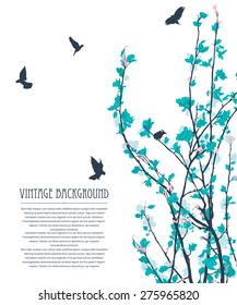 Decorative background with trees, flowers and birds. Vintage pastel