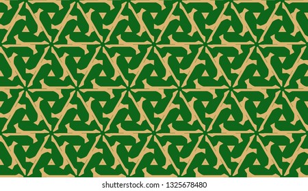 Decorative background with triangles. Curved lines. Vector illustration. Green, gold color. Bright background for poster, banner, flyer. Seamless.