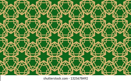 Decorative background with triangles. Curved lines. Vector illustration. Green, gold color. Bright background for poster, banner, flyer. Seamless.