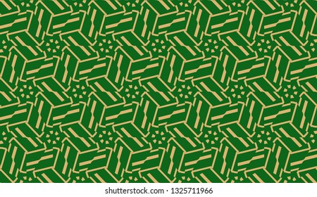 Decorative background with triangles. Curved lines. Vector illustration. Green, gold color. Bright background for poster, banner, flyer. Seamless.