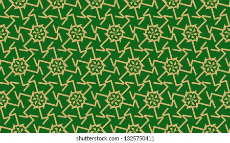 Decorative background with triangles. Curved lines. Vector illustration. Green, gold color. Bright background for poster, banner, flyer. Seamless.