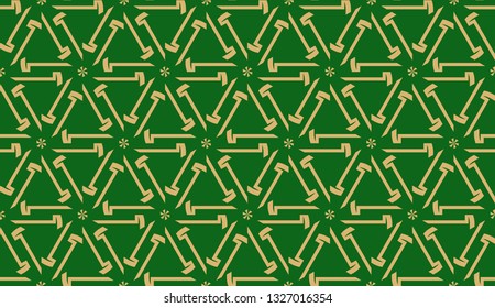 Decorative background with triangles. Curved lines. Vector illustration. Green, gold color. Bright background for poster, banner, flyer. Seamless.