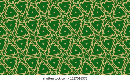 Decorative background with triangles. Curved lines. Vector illustration. Green, gold color. Bright background for poster, banner, flyer. Seamless.