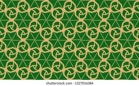 Decorative background with triangles. Curved lines. Vector illustration. Green, gold color. Bright background for poster, banner, flyer. Seamless.