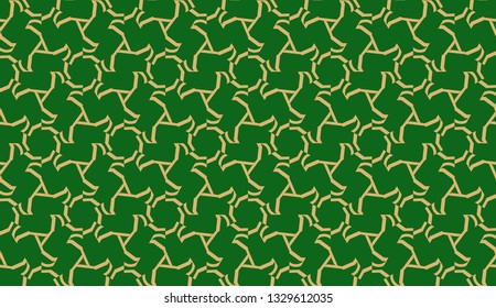 Decorative background with triangles. Curved lines. Vector illustration. Green, gold color. Bright background for poster, banner, flyer. Seamless.