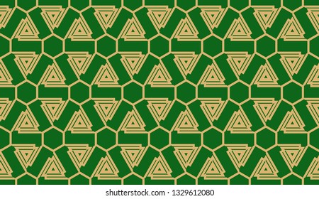 Decorative background with triangles. Curved lines. Vector illustration. Green, gold color. Bright background for poster, banner, flyer. Seamless.