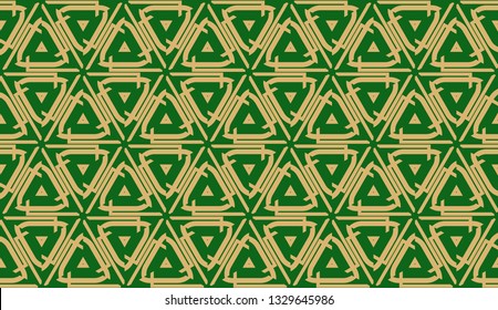 Decorative background with triangles. Curved lines. Vector illustration. Green, gold color. Bright background for poster, banner, flyer. Seamless.