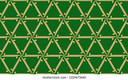 Decorative background with triangles. Curved lines. Vector illustration. Green, gold color. Bright background for poster, banner, flyer. Seamless.